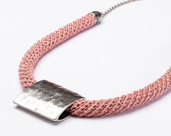 Boho Pink Woven Silver Necklace