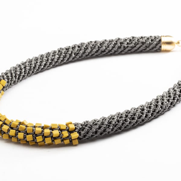 Statement Gray Necklace With Yellow Beads