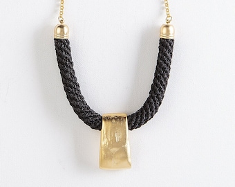 Gold and black geometric necklace, Pendant statement necklace, Woven chunky necklace, Textile modern necklace