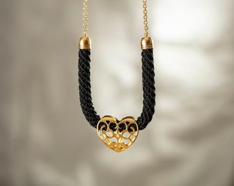 Black and Gold Chunky Heart Pendant Necklace, Statement Elegant Necklace