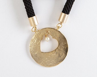 Black and Gold Crochet Necklace, Long Statement Necklace, Asymmetric Heart Pendant, Jerusalem Fashion Classic Modern Necklace