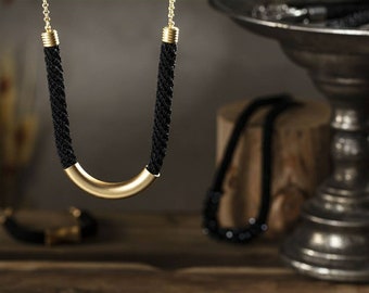 Black and Gold Necklace, Curved Tube Necklace, Black Statement Elegant Necklace For Women, U Necklace, Thick Necklace, Classic Necklace