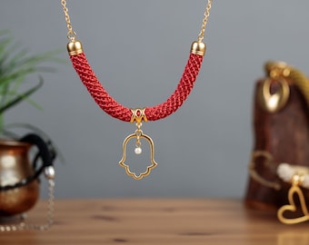 Hamsa necklace, Red Judaica Hamsa necklace,
