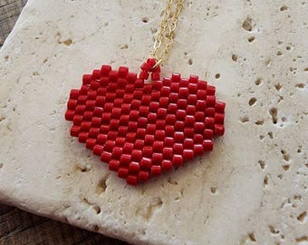 Delicate Necklace with a Beaded Red Heart Pendant