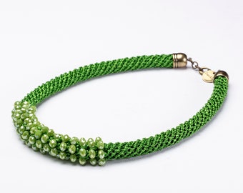 Green Necklace, Rope Necklace, Green Crystal Beads Necklace, Spring Necklace