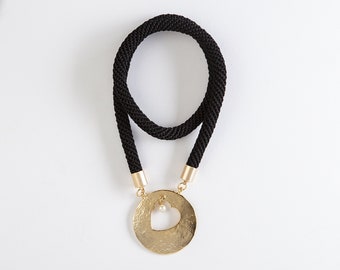 Black and Gold Statement Heart Pendant Necklace, Big Unique Chunky Necklace, Elegant Necklace