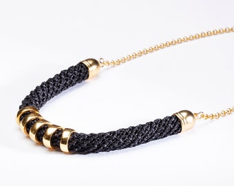 Black and Gold Crochet Synthetic Silk Necklace with Golden Curved Tube Pendant, Valentine's Day Gift