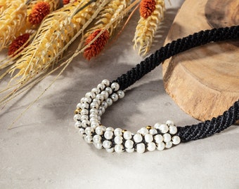 Vegan Black and Pearl Statement Necklace, Gift for Mom