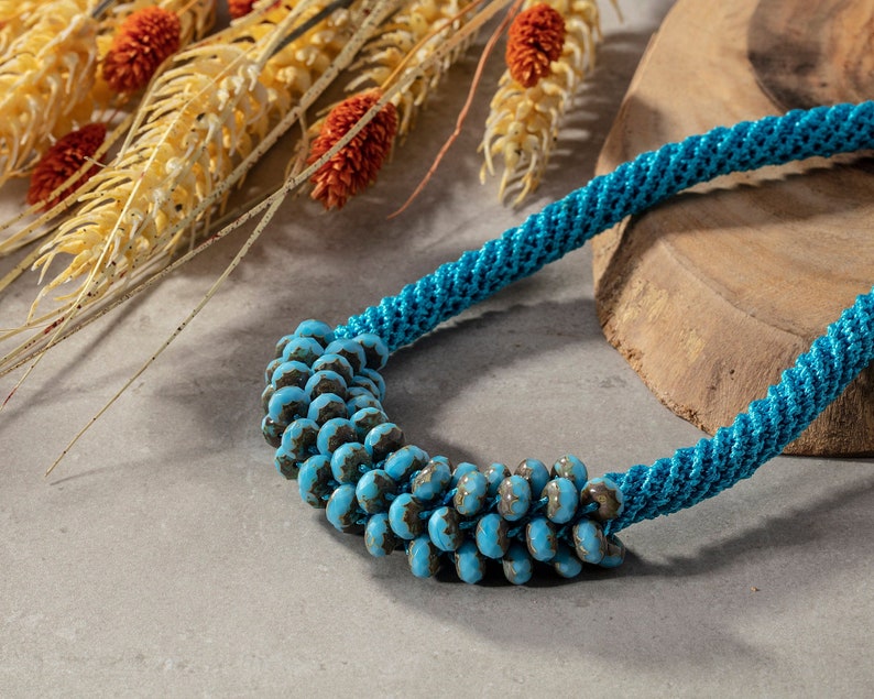 Turquoise crochet beaded necklace for woman