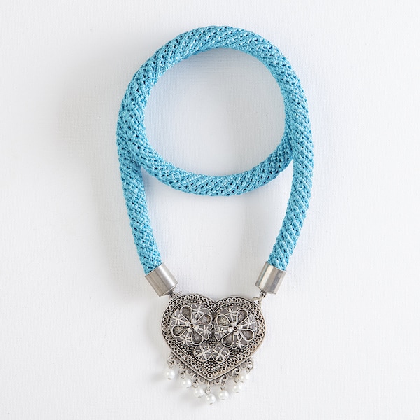 Light Blue Silk Necklace with Oxidized Metal Filigree Heart and Pearls Pendant