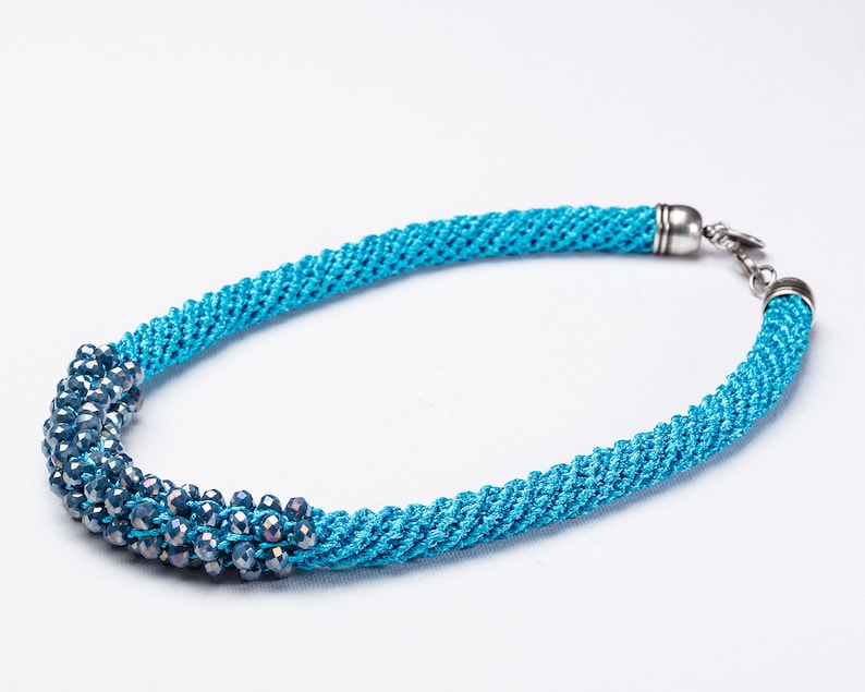 Blue Crystals Statement Crochet Synthetic Silk Necklace image 3