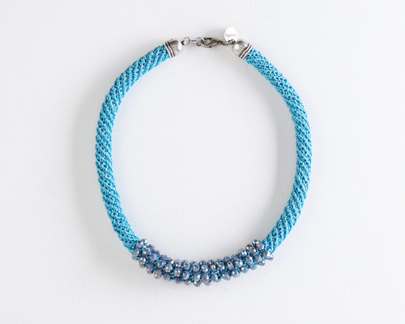 Blue Crystals Statement Crochet Synthetic Silk Necklace image 2