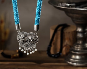 Light Blue Silk Necklace with Filigree Heart and Pearls Pendant