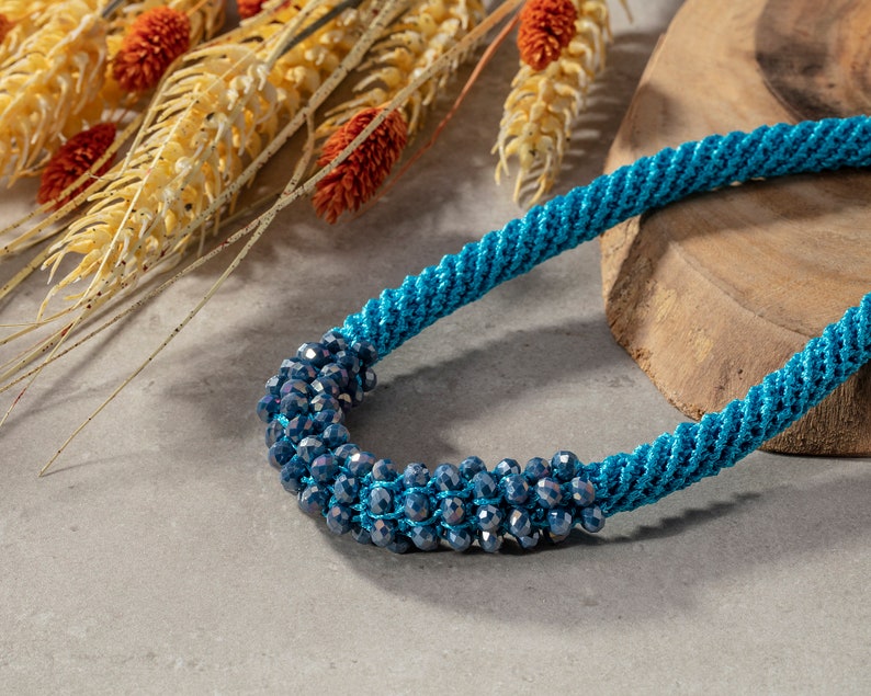 Blue Crystals Statement Crochet Synthetic Silk Necklace image 1