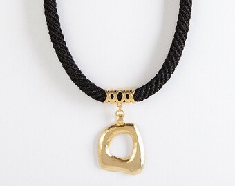 Assymetric Matte Gold Pendant Black Necklace