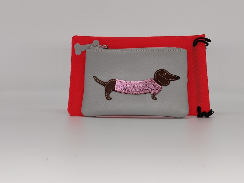 Mother/'s Day gift soft grey and pink leather gift for dog lover dog mom Grey dachshund purse for women dog mum gift for friend