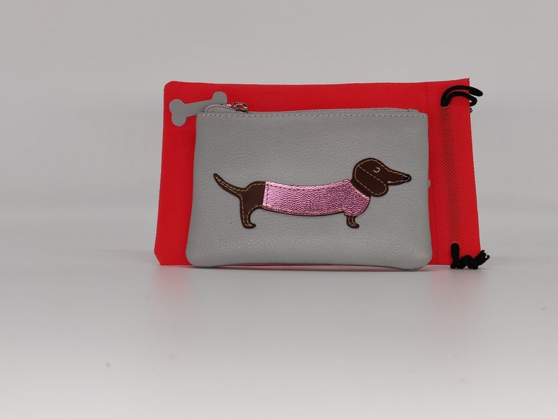 Mother/'s Day gift soft grey and pink leather gift for dog lover dog mom Grey dachshund purse for women dog mum gift for friend