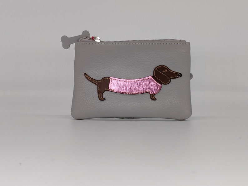 Mother/'s Day gift soft grey and pink leather gift for dog lover dog mom Grey dachshund purse for women dog mum gift for friend
