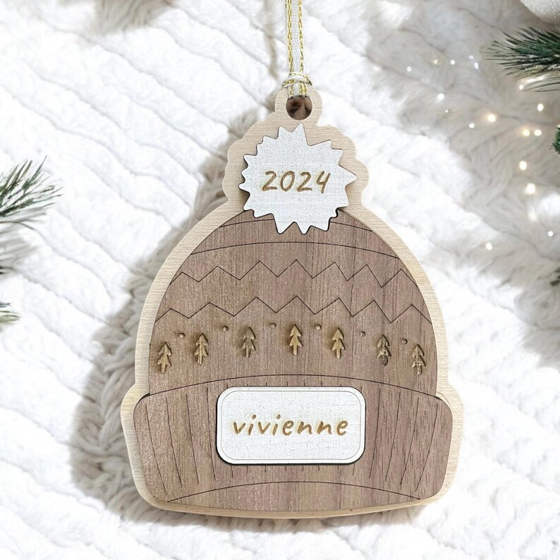 Personalized Beanie Ornament, Beanie Wood Ornament, 2024 Year & Name