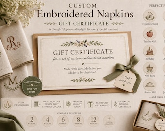 Personalised Embroidered Textiles Gift Certificate. Custom Linen Gift