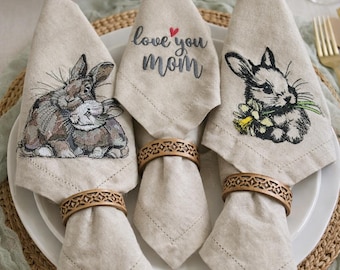 Embroidered Linen Bunny Napkins, Easter Spring Table Decor, Gift for Mom