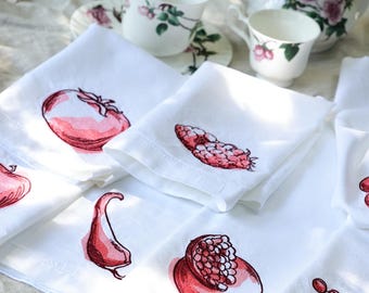 Embroidered Linen Napkins. White Dinner Table Decor