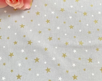 100% Premium Cotton Fabric. White, Golden Stars on Grey