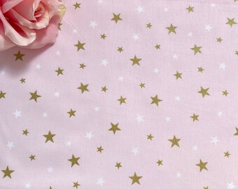 Tessuto di cotone rosa: stelle dorate e bianche, larghezza 240 cm