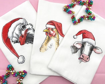 Embroidered Christmas Farm Friends. Holiday Kitchen Decor Table Napkins