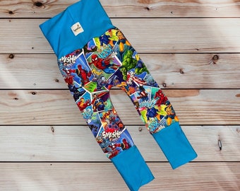 Super Hero- Miniloones, Maxaloones, Grow With Me Pants, joggers, gifts for babies, New Mom, boys pants, toddler boys