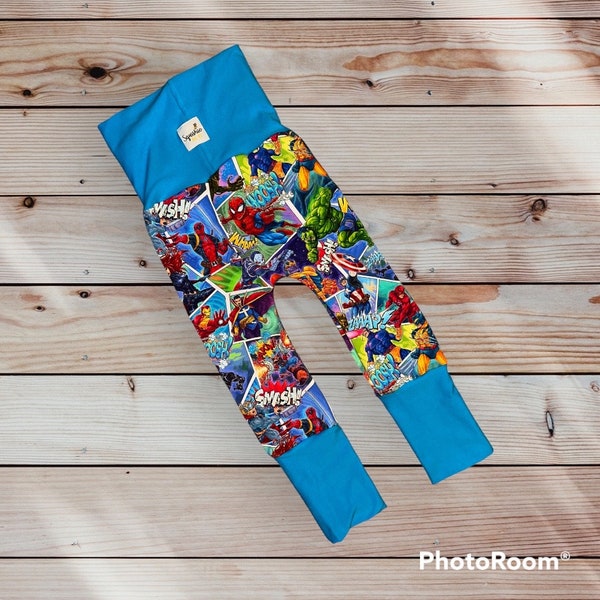 Super Hero- Miniloones, Maxaloones, Grow With Me Pants, joggers, gifts for babies, New Mom, boys pants, toddler boys