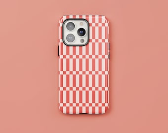 Coral Sunset Check Phone Case: Protective iPhone & Android Cover