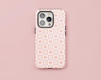 Soft Pink Floral Phone Case: Vintage Gingham Design, Protective Cover