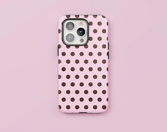 Strawberry Mocha | Pink and Brown Polka Dot Case, Protective Tough Cover