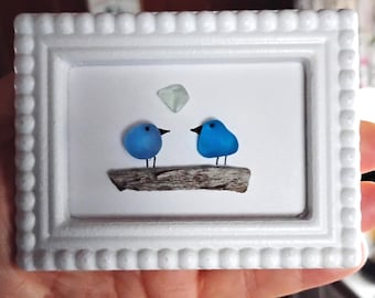 Mini Wooden Magnetic Bird Art Frame, Glass Birds on Driftwood, Coastal Refrigerator Magnet, Handmade Beach Decor Gift