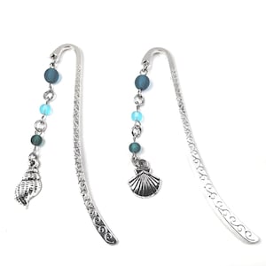 Seashell Charm Bookmark – Teal & Aqua Frosted Glass Beads, Mini Silver Tone Metal