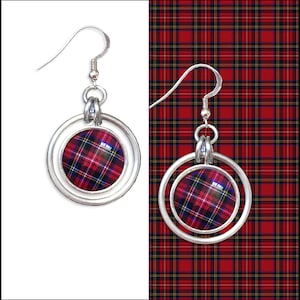 Stewart Red Tartan Hoop Earrings. Scottish Heritage Jewellery with personalised antique scroll.