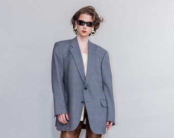 Vintage 80s plaid blue grey blazer