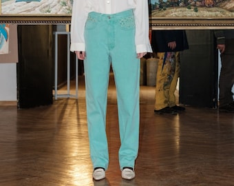 Vintage 80s turquoise bedazzled mom jeans