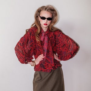 Vintage 80s chic paisley burgundy blouse image 1