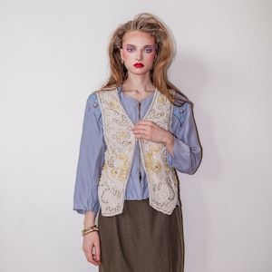 Vintage 90s beaded linen sand color vest