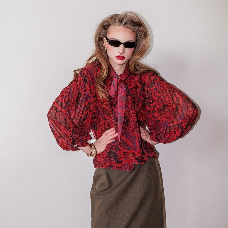 Vintage 80s chic paisley burgundy blouse image 1