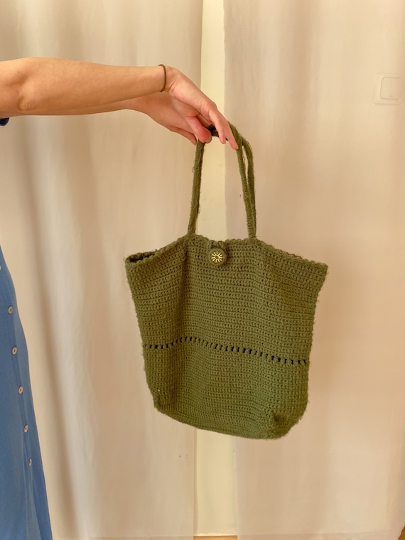 Vintage 80s crochet dark green tote bag