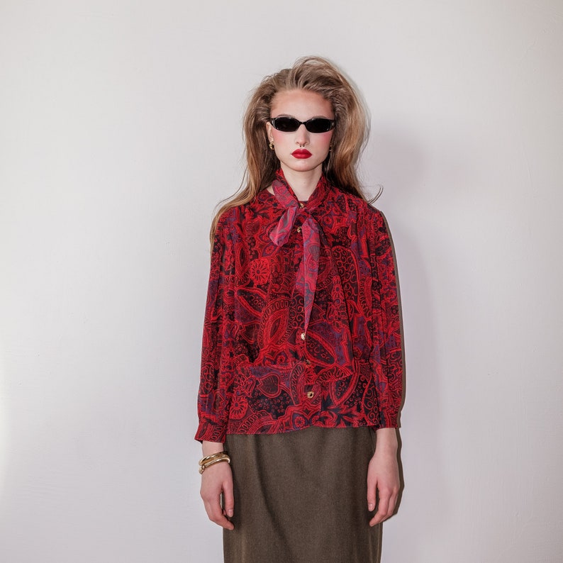Vintage 80s chic paisley burgundy blouse image 5