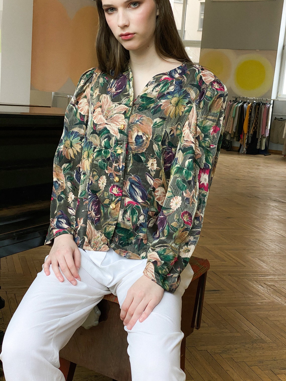 Vintage 80s satin flower blouse | Etsy