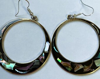 Vintage Abalone and black epoxy hoop earrings