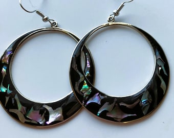 Vintage Abalone and black epoxy hoop earrings
