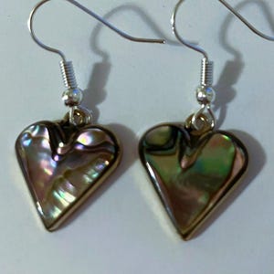 Vintage handcrafted heart earring from abalone shell set in alpaca silver