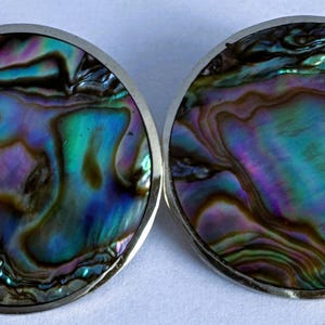 May include: A pair of circular earrings featuring polished abalone shell inlays with iridescent swirls of blue, green, and purple, set within smooth silver-toned metal frames. The natural shell displays a glossy, multi-colored finish.