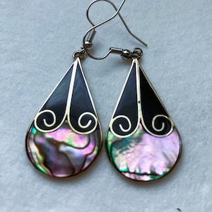 Handcrafted alpaca silver earrings inlaid with abalone and expoxy.